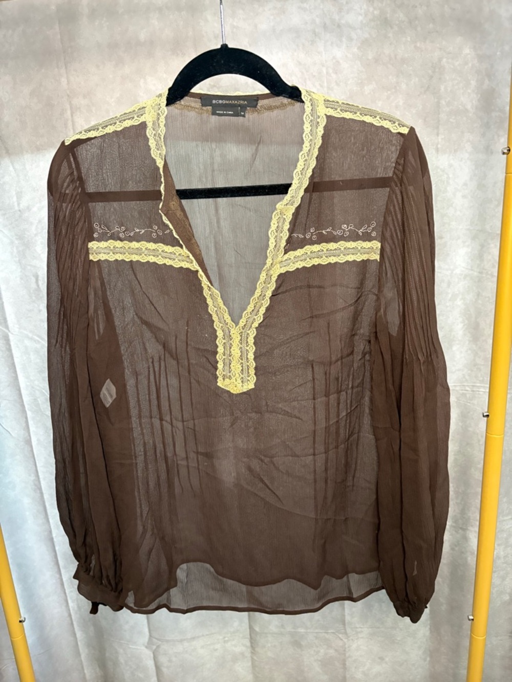 BCBG Max Azria Sheer Lace Trim Blouse Boho Romantic Top M